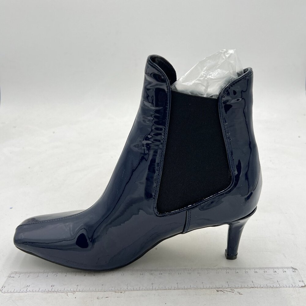 Womens Navy Office Pointed Toe Patent Fashion Kitten Low Heel Ankle High Boots